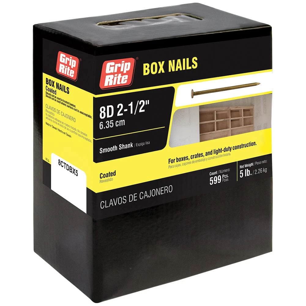 Grip-Rite #11-1/2 x 2-1/2 in. 8-Penny Vinyl-Coated Steel Box Nails (5 lb.-Pack) 1 Grip-Rite #11-1/2 x 2-1/2 in. 8-Penny Vinyl-Coated Steel Box Nails (5 lb.-Pack)