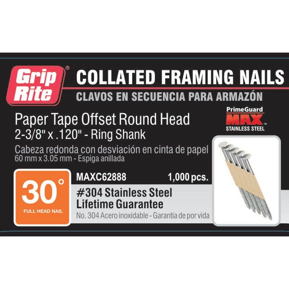 Grip-Rite 2-3/8 in. x 0.120 in. Paper Taped 1M Ring Shank 304 Stainless Steel Offset Round Head Nails 2 Grip-Rite 2-3/8 in. x 0.120 in. Paper Taped 1M Ring Shank 304 Stainless Steel Offset Round Head Nails - Image 2