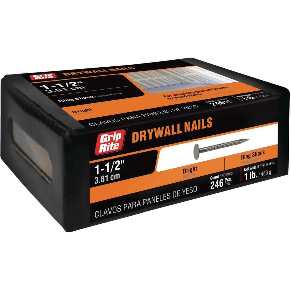 Grip-Rite #12-1/2 x 1-1/2 in. Steel Bright Ring Drywall Nails (1 lb.-Pack) 1 Grip-Rite #12-1/2 x 1-1/2 in. Steel Bright Ring Drywall Nails (1 lb.-Pack)