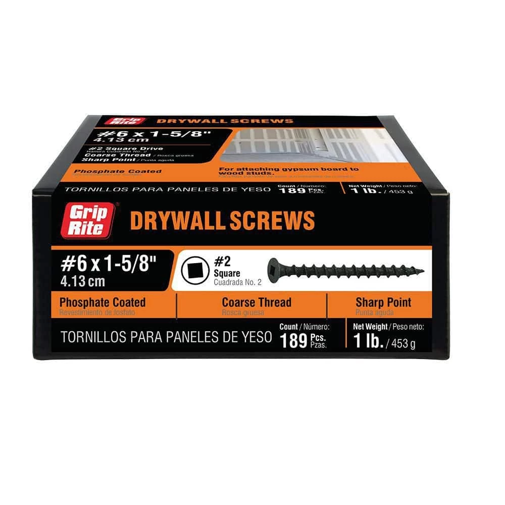 Grip-Rite #6 x 1-5/8 in. Philips Bugle-Head Coarse Thread Sharp Point Drywall Screw (1 lb./Pack) 1 Grip-Rite #6 x 1-5/8 in. Philips Bugle-Head Coarse Thread Sharp Point Drywall Screw (1 lb./Pack)