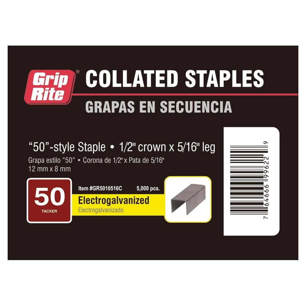 Grip-Rite 5/16 in. L x 1/2 in. Crown Electro-Galvanized 50 Style Tacker Staple (5000 per Box) 1 Grip-Rite 5/16 in. L x 1/2 in. Crown Electro-Galvanized 50 Style Tacker Staple (5000 per Box)