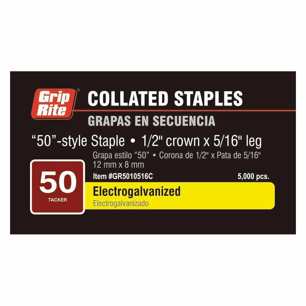 Grip-Rite 5/16 in. L x 1/2 in. Crown Electro-Galvanized 50 Style Tacker Staple (5000 per Box) 2 Grip-Rite 5/16 in. L x 1/2 in. Crown Electro-Galvanized 50 Style Tacker Staple (5000 per Box) - Image 2