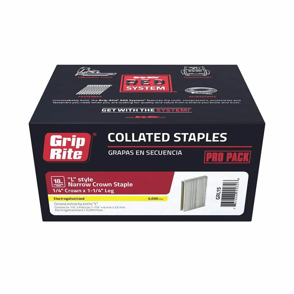 Grip-Rite 1-1/4 in. x 1/4 in. 18-Gauge Electrogalvanized L Style Narrow Crown Staples (5,000 Per Box) 1 Grip-Rite 1-1/4 in. x 1/4 in. 18-Gauge Electrogalvanized L Style Narrow Crown Staples (5,000 Per Box)