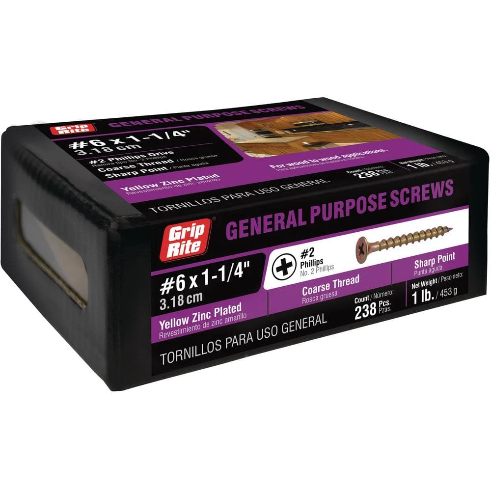 Grip-Rite #6 x 1-1/4 in. Philips Bugle-Head Coarse Thread Gold Screws (1 lb./Pack) 1 Grip-Rite #6 x 1-1/4 in. Philips Bugle-Head Coarse Thread Gold Screws (1 lb./Pack)