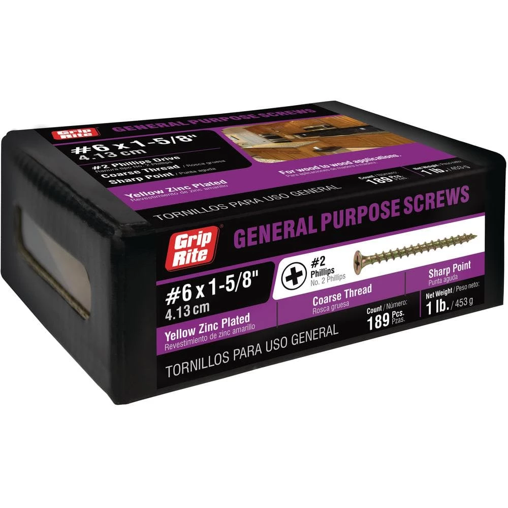 Grip-Rite #6 x 1-5/8 in. Philips Bugle-Head Coarse Thread Gold Screw (1 lb./Pack) 1 Grip-Rite #6 x 1-5/8 in. Philips Bugle-Head Coarse Thread Gold Screw (1 lb./Pack)