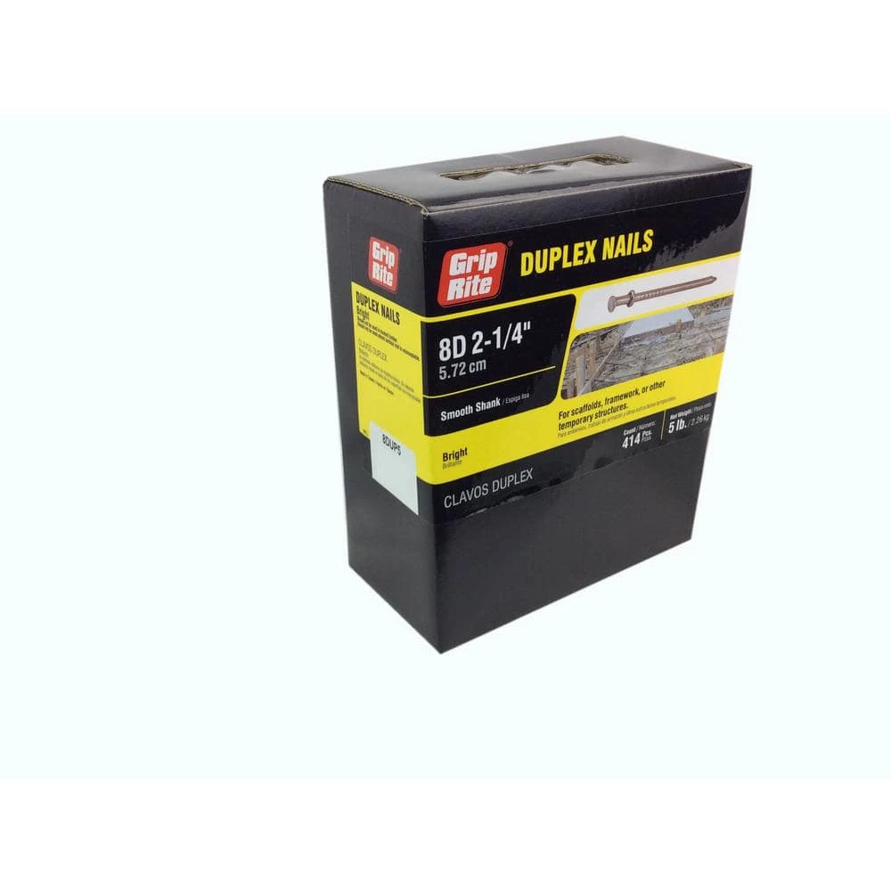 Grip-Rite #10-1/4 x 2-1/4 in. 8-Penny Bright Steel Duplex Nails (5 lb.-Pack) 1 Grip-Rite #10-1/4 x 2-1/4 in. 8-Penny Bright Steel Duplex Nails (5 lb.-Pack)